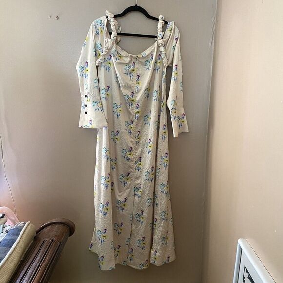 GANNI NWT $295 Crinkled Satin Floral Ruffle Strap Maxi Slit Dress Size 42 L - Picture 12 of 15